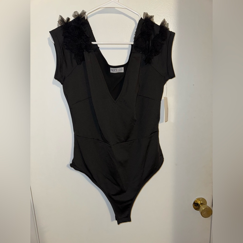 Black V-Neck Bodysuit with Tulle Accents